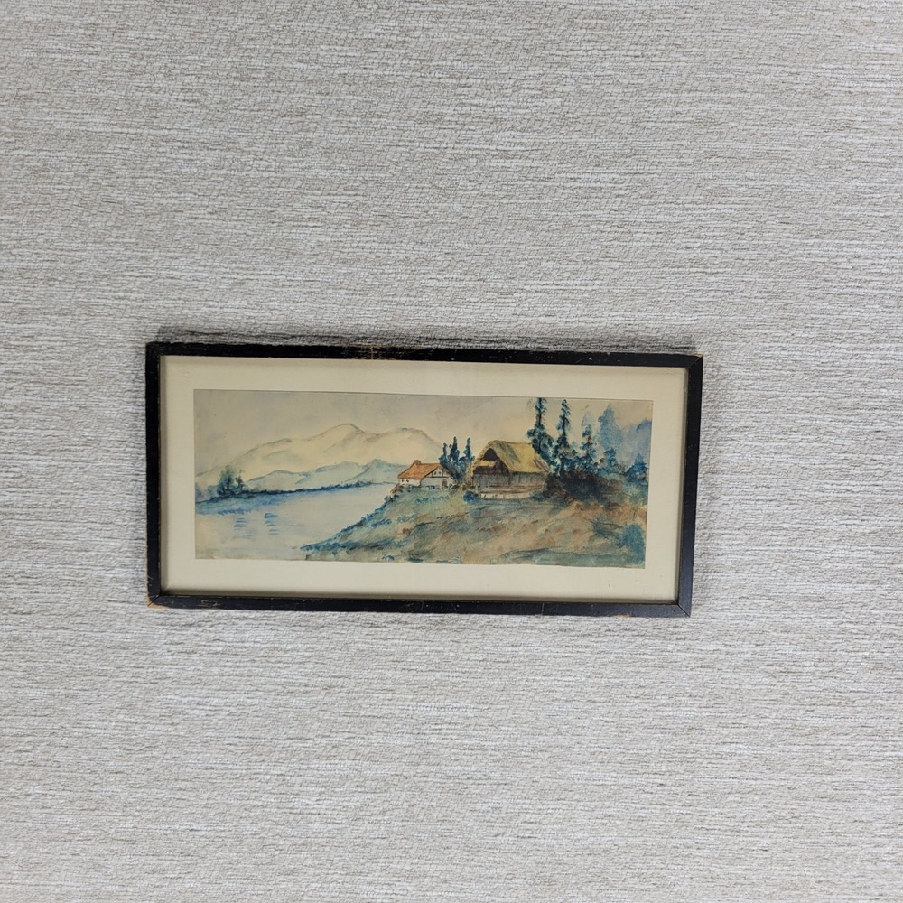 Original Watercolor Landscape Painting Framed Lake Mountain Cottage Art Antique